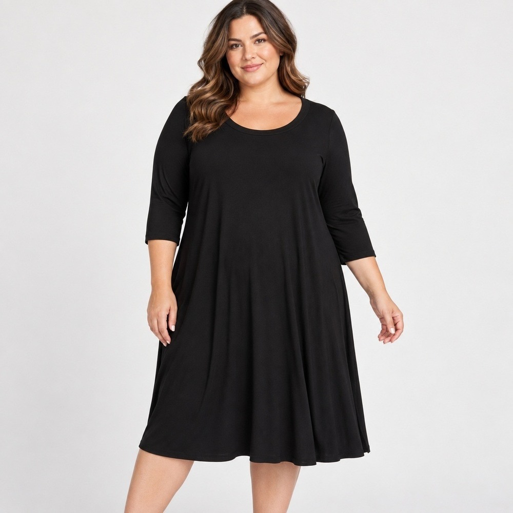 Karen Kane Women's 1X Black 3/4 Sleeve A-Line Midi Dress Plus Size USA Made
